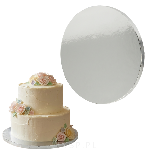 Podkład pod tort Ø 25 cm okrągły, dekoracja na urodziny gruby sztywny srebrny