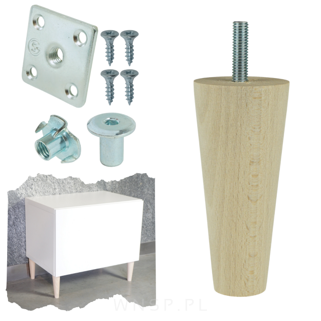 Noga nóżka drewniana prosta surowa 10 cm zestaw z różnymi mocowaniami