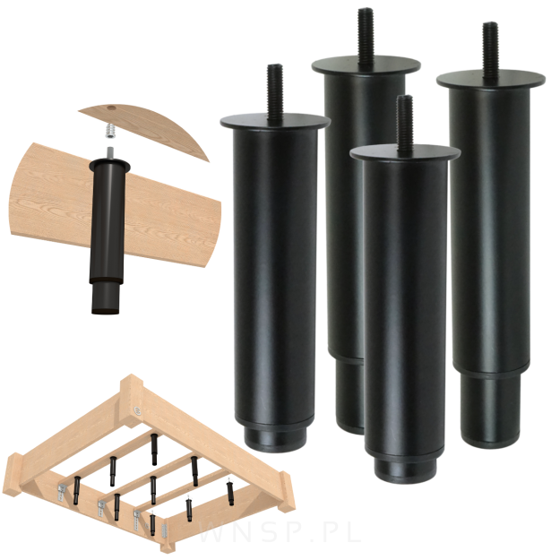4x Noga stalowa regulowana 15 - 25 CM ze szpilką M8 x 25 mm, czarna