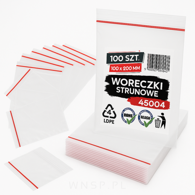 Woreczki strunowe 100 sztuk, mocne torebki zamykane 100 x 200 mm, grube 50 mic