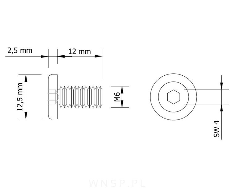 Wkręt metryczny z łbem walcowym M6, SW-4 - Stal nierdzewna