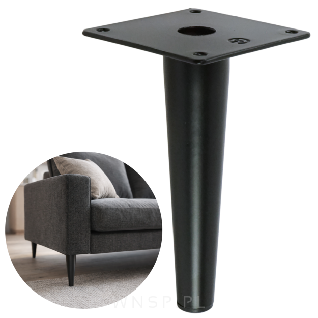 Noga stalowa prosta stożek 15 cm, z blachą montażową, czarna matowa