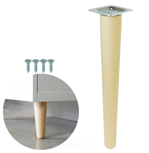 Noga bukowa prosta UNIQ 30 cm z blachą montażową, lakier bezbarwny