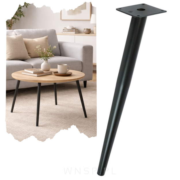 Noga stalowa skośna stożek 40 cm, z blachą montażową, czarna matowa