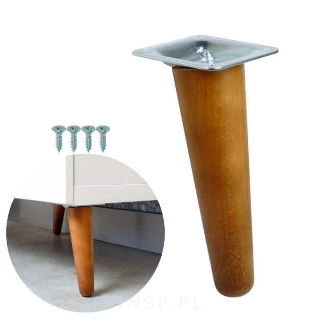 Noga bukowa skośna UNIQ 12 cm z blachą montażową, orzech