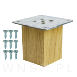 Noga dębowa 6 CM, nóżka drewniana dąb lakier kwadrat, zestaw z blachą i wkrętami - 5