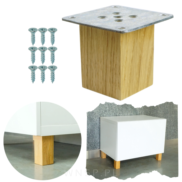 Noga dębowa 6 CM, nóżka drewniana dąb lakier kwadrat, zestaw z blachą i wkrętami