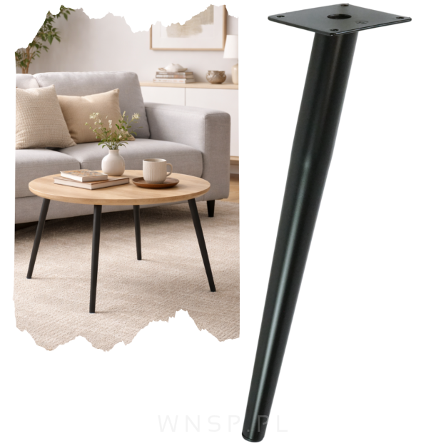 Noga stalowa skośna stożek 35 cm, z blachą montażową, czarna matowa