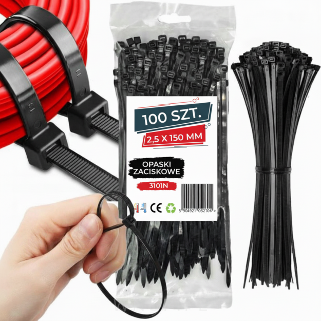 Opaski zaciskowe kablowe 2,5 x 150 mm trytytki, trytki czarne zestaw 100 szt.