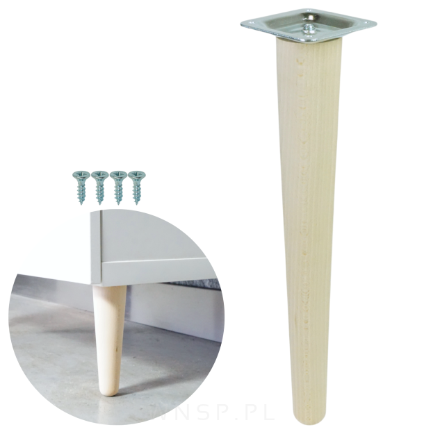 Noga bukowa prosta UNIQ 35 cm z blachą montażową, surowa