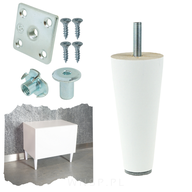 Noga nóżka drewniana prosta biała 10 cm zestaw z różnymi mocowaniami