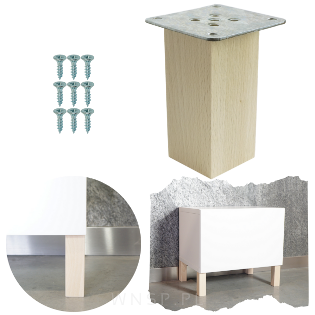 Noga bukowa 10 CM, nóżka drewniana buk kwadrat, zestaw z blachą i wkrętami