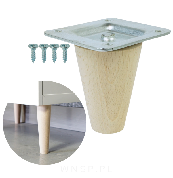 Noga bukowa prosta, stożek 6 cm surowa z blachą montażową