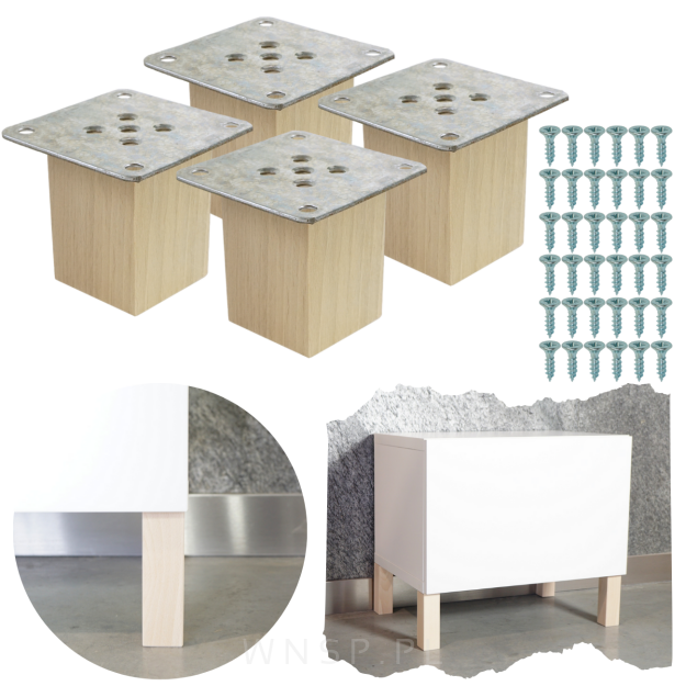 Nogi bukowe 6 CM, nóżki kwadratowe drewniane buk, zestaw z blachami i wkrętami