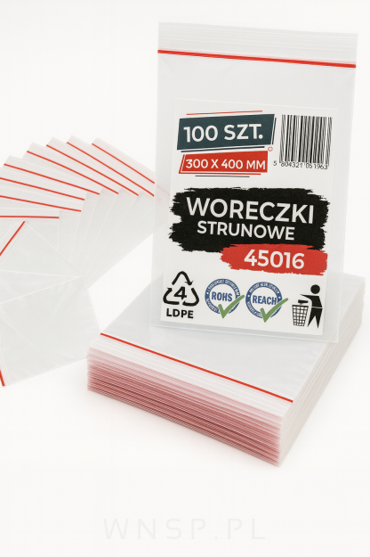 Woreczki strunowe 100 sztuk, mocne torebki zamykane 300 x 400 mm, grube 50 mic