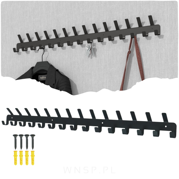 Wieszak 828 mm z 29 uchwytami, haczykami, kolor czarny przykręcany