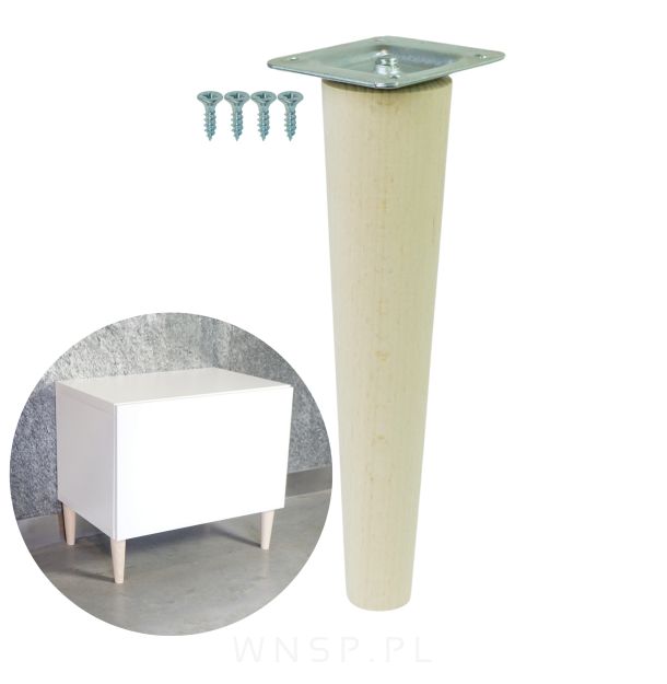 Noga bukowa prosta, stożek 20 cm surowa z blachą montażową