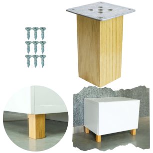 Noga dębowa 10 CM, nóżka drewniana dąb lakier kwadrat, zestaw z blachą i wkrętami