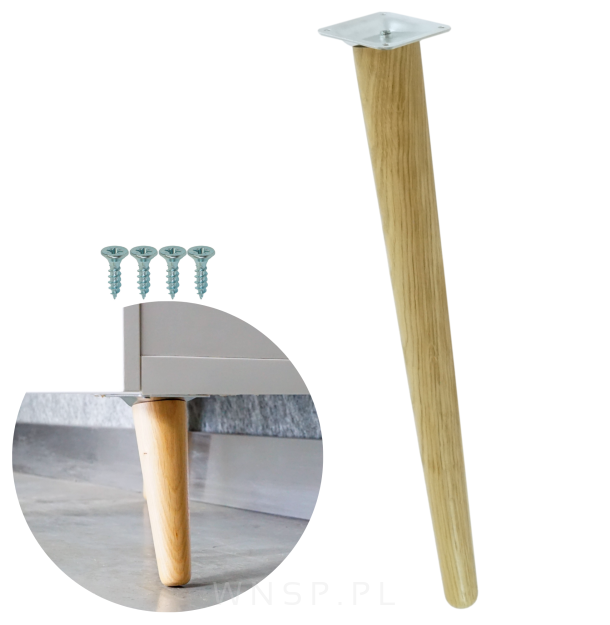 Noga dębowa skośna UNIQ 40 CM z blachą montażową