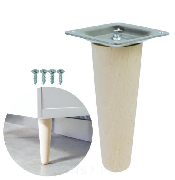 Noga bukowa prosta UNIQ 12 cm z blachą montażową, surowa