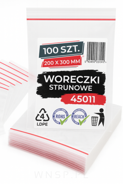 Woreczki strunowe 100 sztuk, mocne torebki zamykane 200 x 300 mm, grube 50 mic