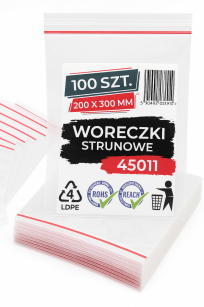 Woreczki strunowe 100 sztuk, mocne torebki zamykane 200 x 300 mm, grube 50 mic