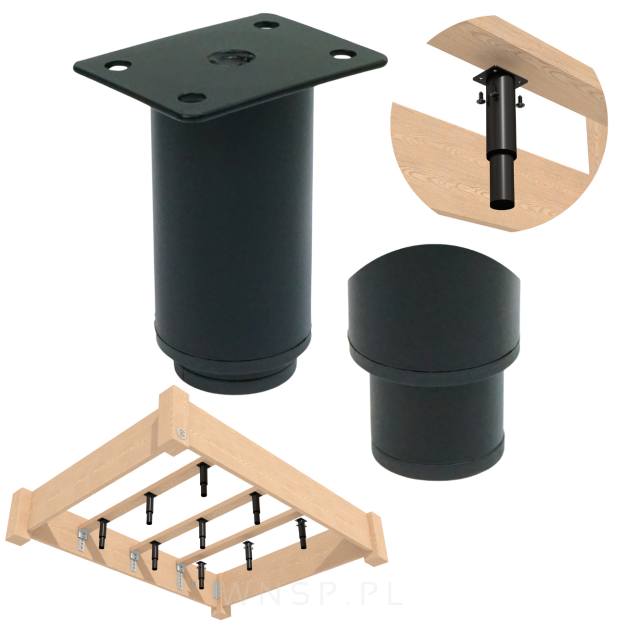Noga stalowa regulowana 12 - 18 cm z blachą montażową, czarna