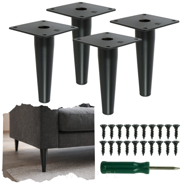 Nogi stalowe proste 13 cm, zestaw z wkrętami, czarne matowe