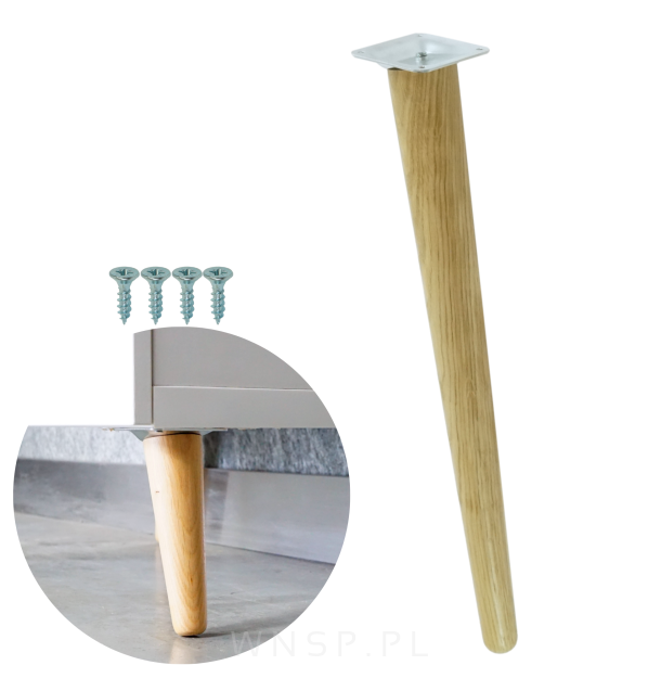 Noga dębowa skośna UNIQ 35 CM z blachą montażową