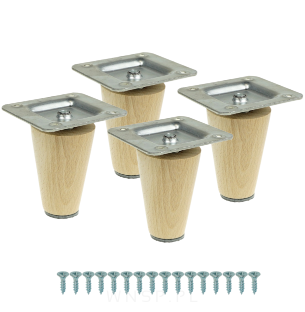 Nogi bukowe proste 6 cm lakier bezbarwny, zestaw 4 sztuk z zestawem montażowym