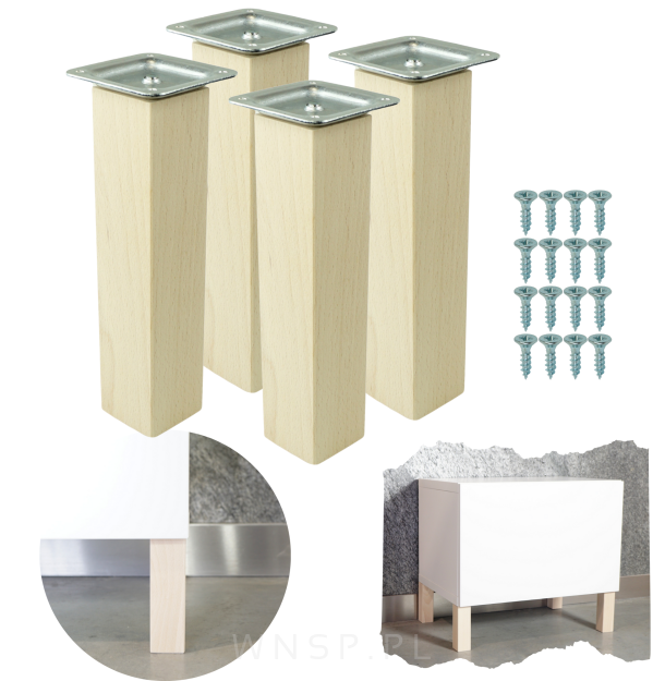 4x Noga kwadratowa bukowa 45 x 45 mm, 20 CM, prosta, surowa z blachą montażową