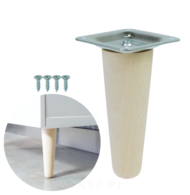 Noga bukowa prosta UNIQ 10 cm z blachą montażową, surowa