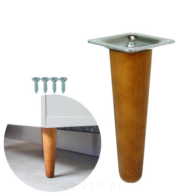 Noga bukowa prosta UNIQ 10 cm z blachą montażową, orzech