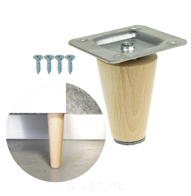 Noga bukowa prosta, stożek 6 cm lakier bezbarwny z blachą montażową
