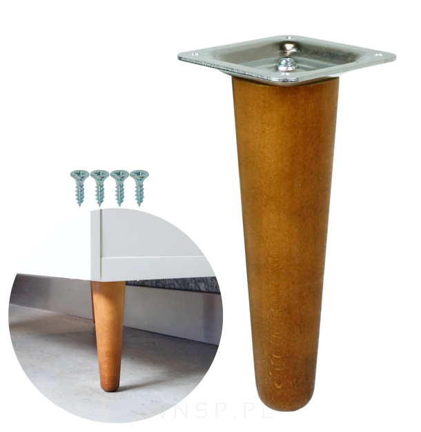 Noga bukowa prosta UNIQ 15 cm z blachą montażową, orzech