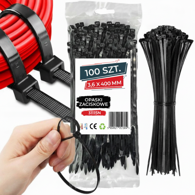 Opaski zaciskowe kablowe 3,6 x 400 mm trytytki, trytki czarne zestaw 100 szt.