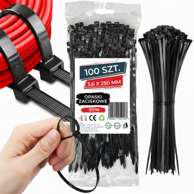 Opaski zaciskowe kablowe 3,6 x 250 mm trytytki, trytki czarne zestaw 100 szt.