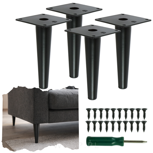 Nogi stalowe proste 15 cm, zestaw z wkrętami, czarne matowe