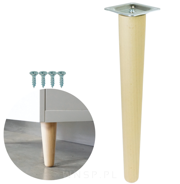 Noga bukowa prosta UNIQ 45 cm z blachą montażową, lakier bezbarwny