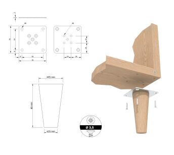 Noga dębowa 8 CM, nóżka drewniana dąb stożek, zestaw z blachą i wkrętami