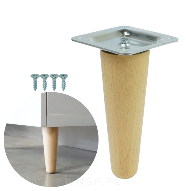 Noga bukowa prosta UNIQ 15 cm z blachą montażową, lakier bezbarwny
