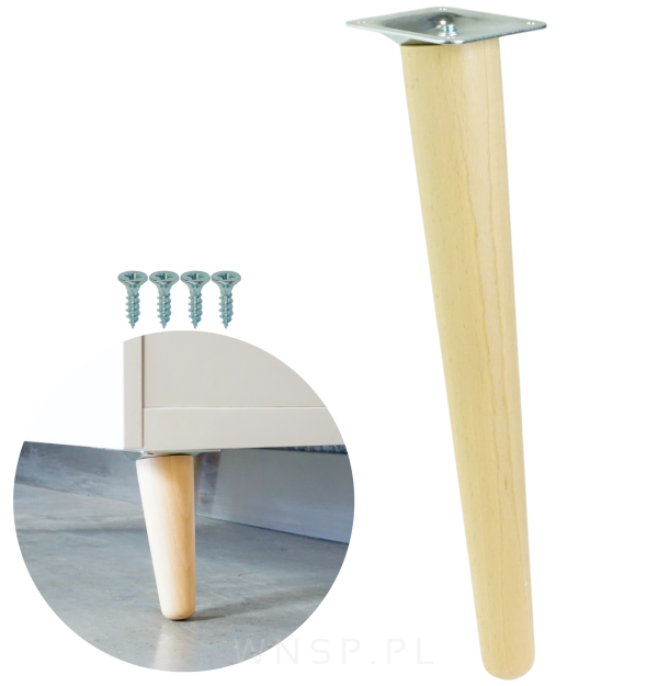 Noga bukowa skośna UNIQ 45 cm z blachą montażową, lakier bezbarwny