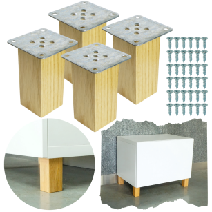 Nogi dębowe 10 CM lakierowane, nóżki kwadratowe drewniane dąb, zestaw z blachami i wkrętami