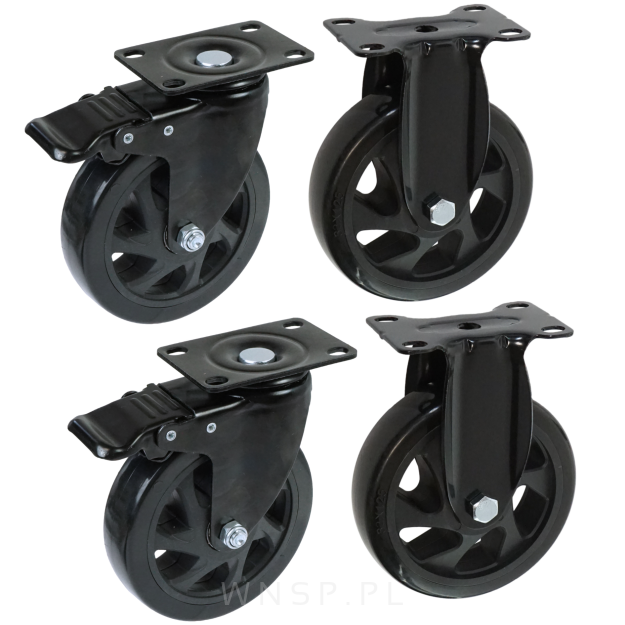 Zestaw kółek Ø 125 mm, gumowane czarne z hamulcem i podstawą w kolorze czarnym