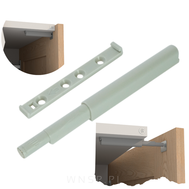 Odbojnik do drzwi bez uchwytów push to open, końcówka magnetyczna + płytki do montażu we froncie